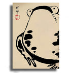 Black ink drawing of a duck on beige paper with red stamp