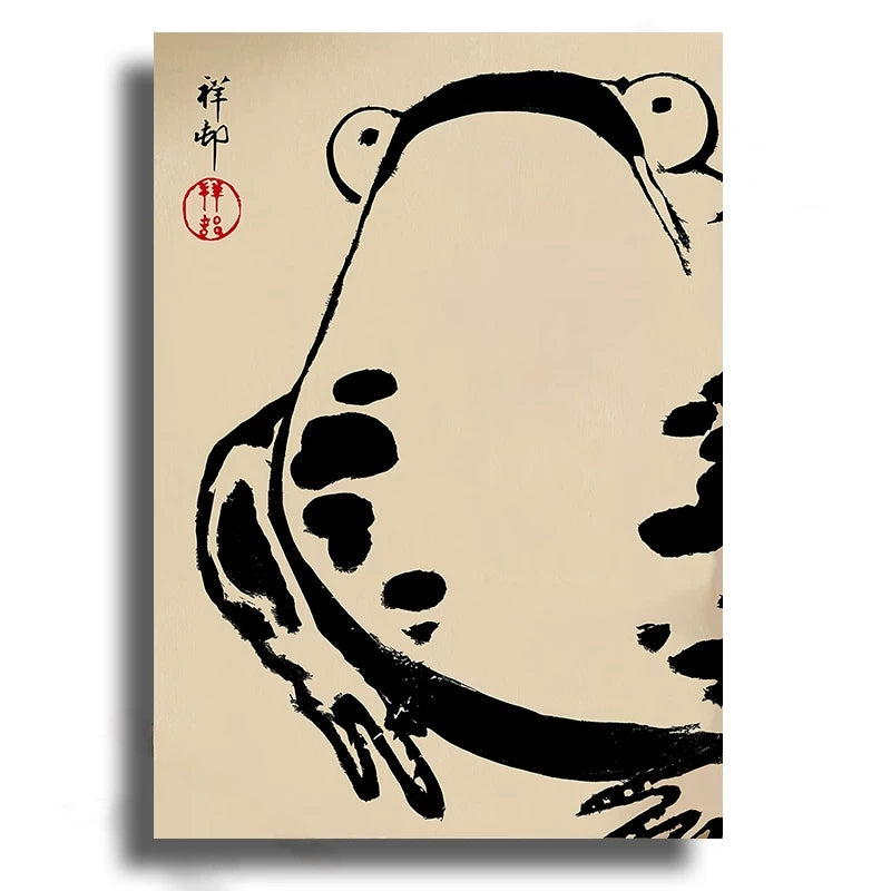 Black ink drawing of a duck on beige paper with red stamp