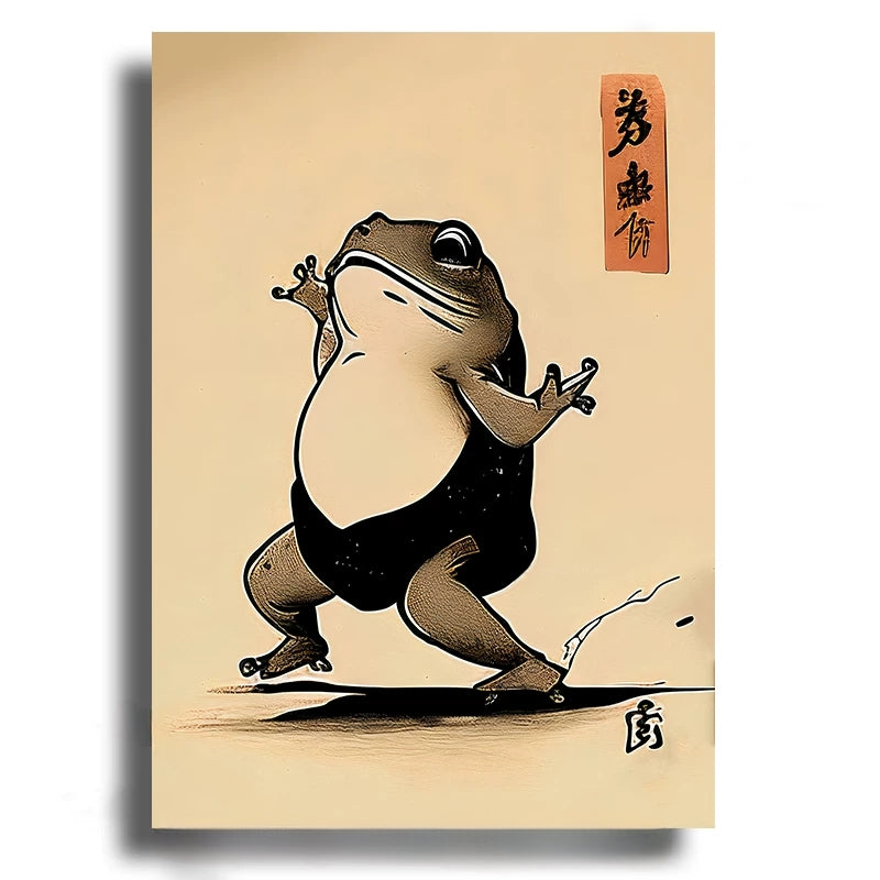 Frog illustration on a beige background with Japanese text