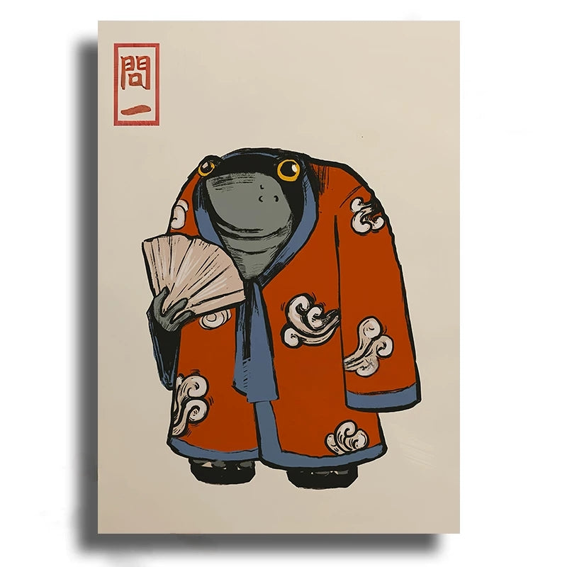 Illustration of a frog in an orange robe holding money on a beige background