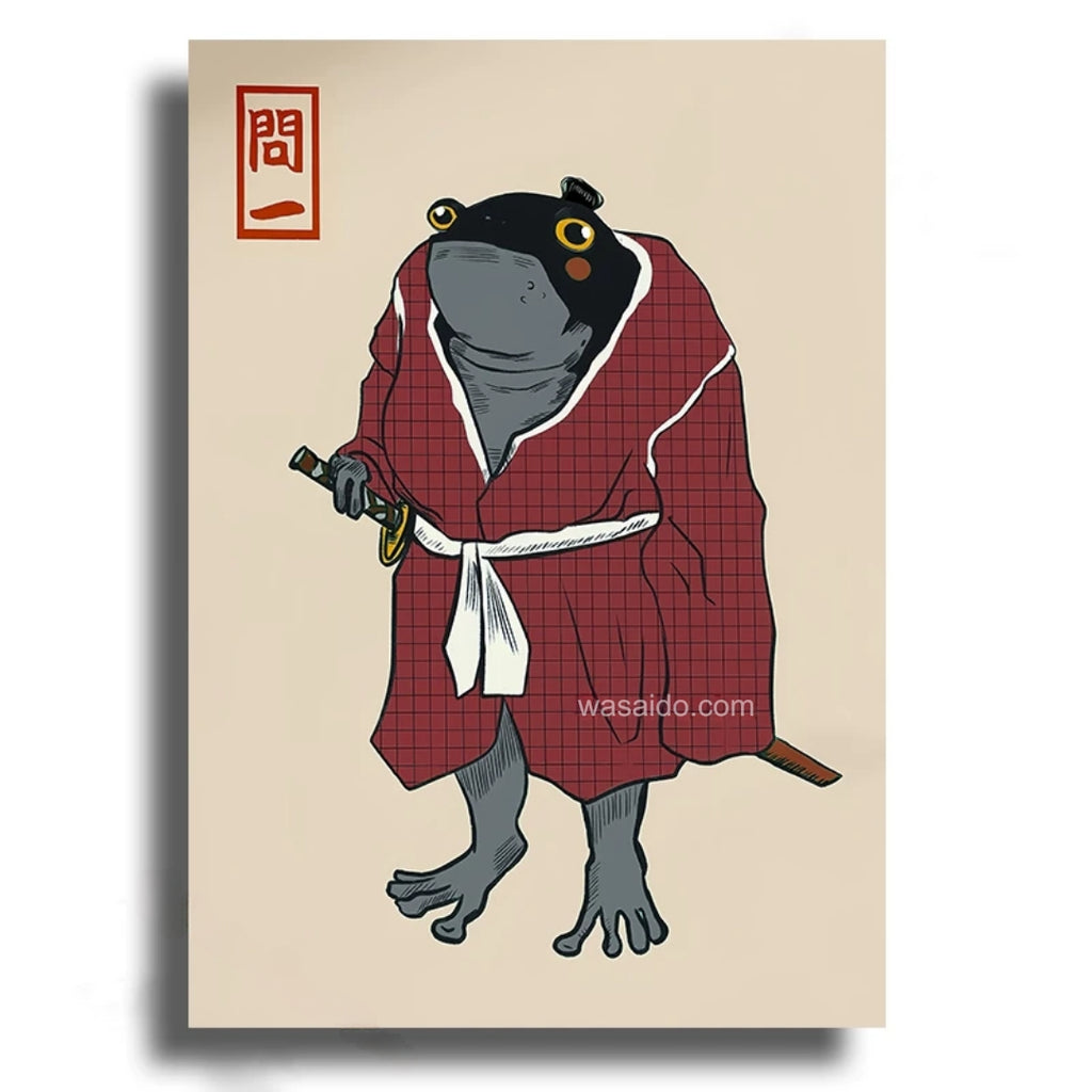 Illustration of a frog in a red robe holding a sword on a beige background with 'wasaido.com' branding.