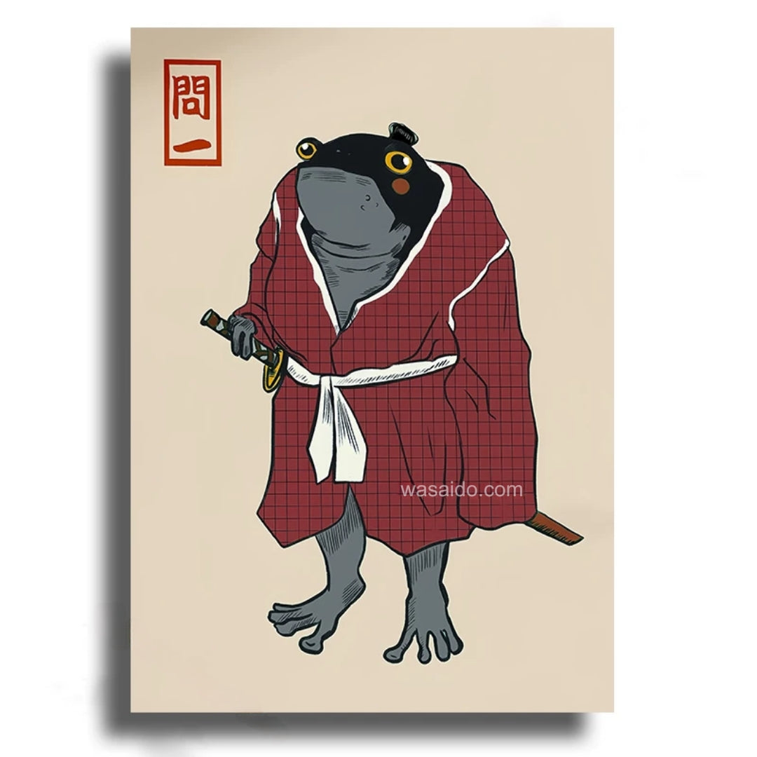 Illustration of a frog in a red robe holding a sword on a beige background with 'wasaido.com' branding.