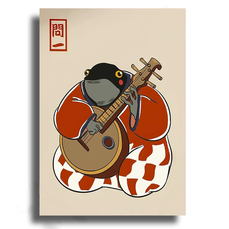 Illustration of a creature playing a stringed instrument on a beige background