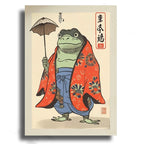 Frog character in traditional Japanese attire with an umbrella on a beige background