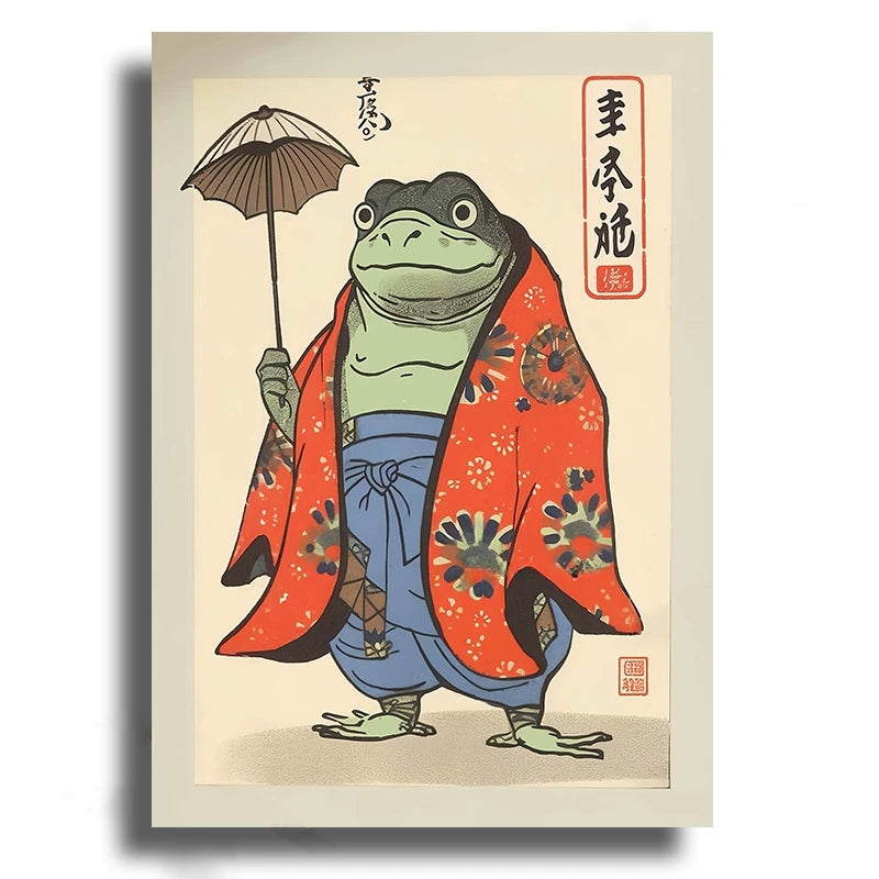 Frog character in traditional Japanese attire with an umbrella on a beige background