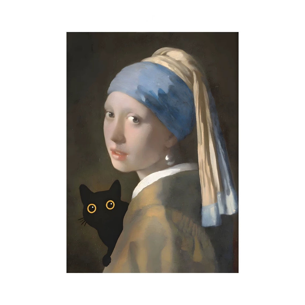 artwork of a classical painting with a black cat added.