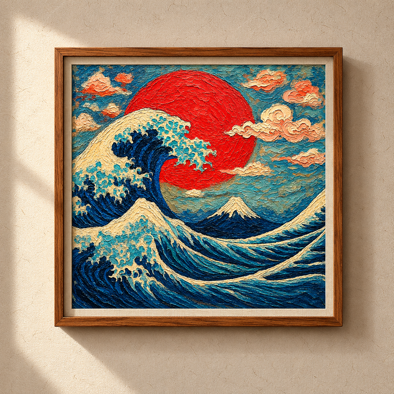 Framed artwork of a wave and red sun on a beige wall