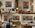 Framed artwork of a wave painting in various room settings.