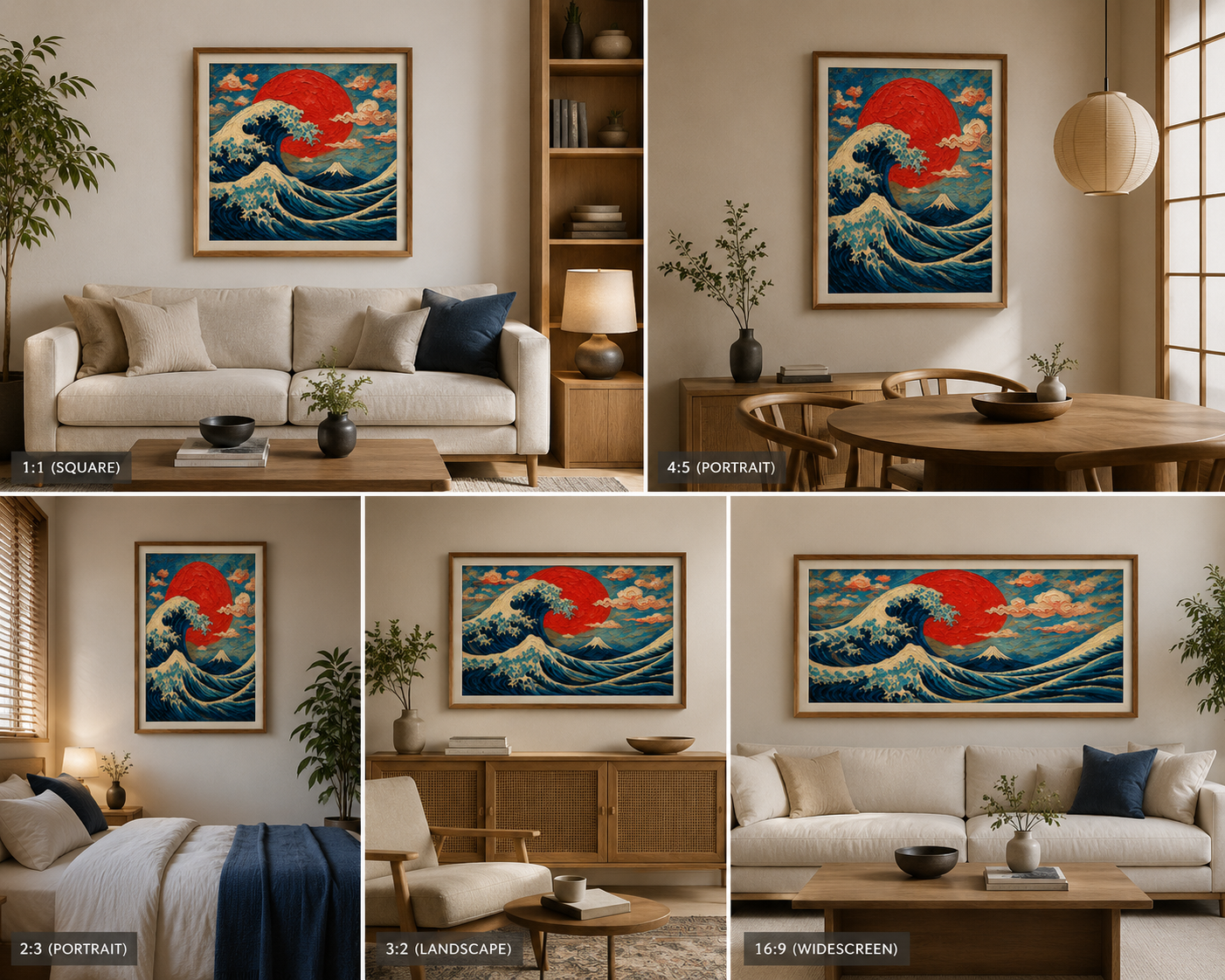 Framed artwork of a wave painting in various room settings.
