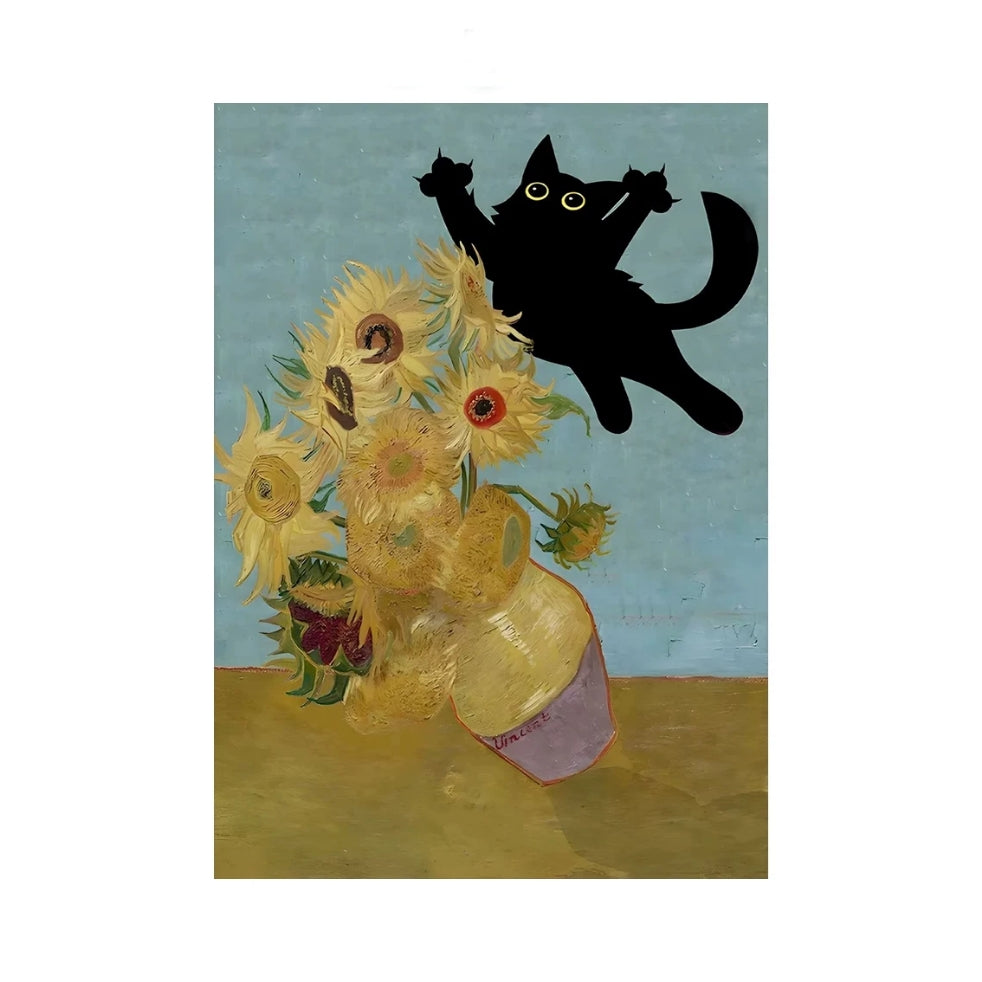 Famous painting with a black cat superimposed on sunflowers