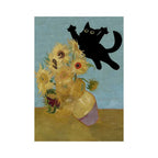 Famous painting with a black cat superimposed on sunflowers