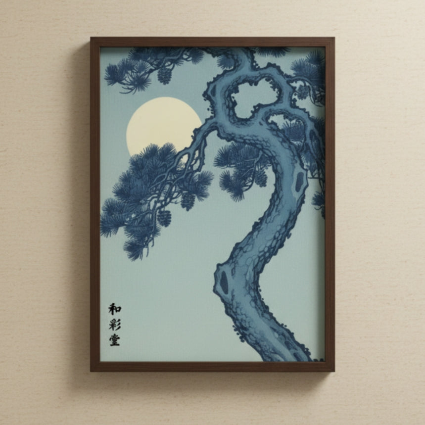 Framed artwork of a blue tree against a light blue sky with a full moon on a beige wall.
