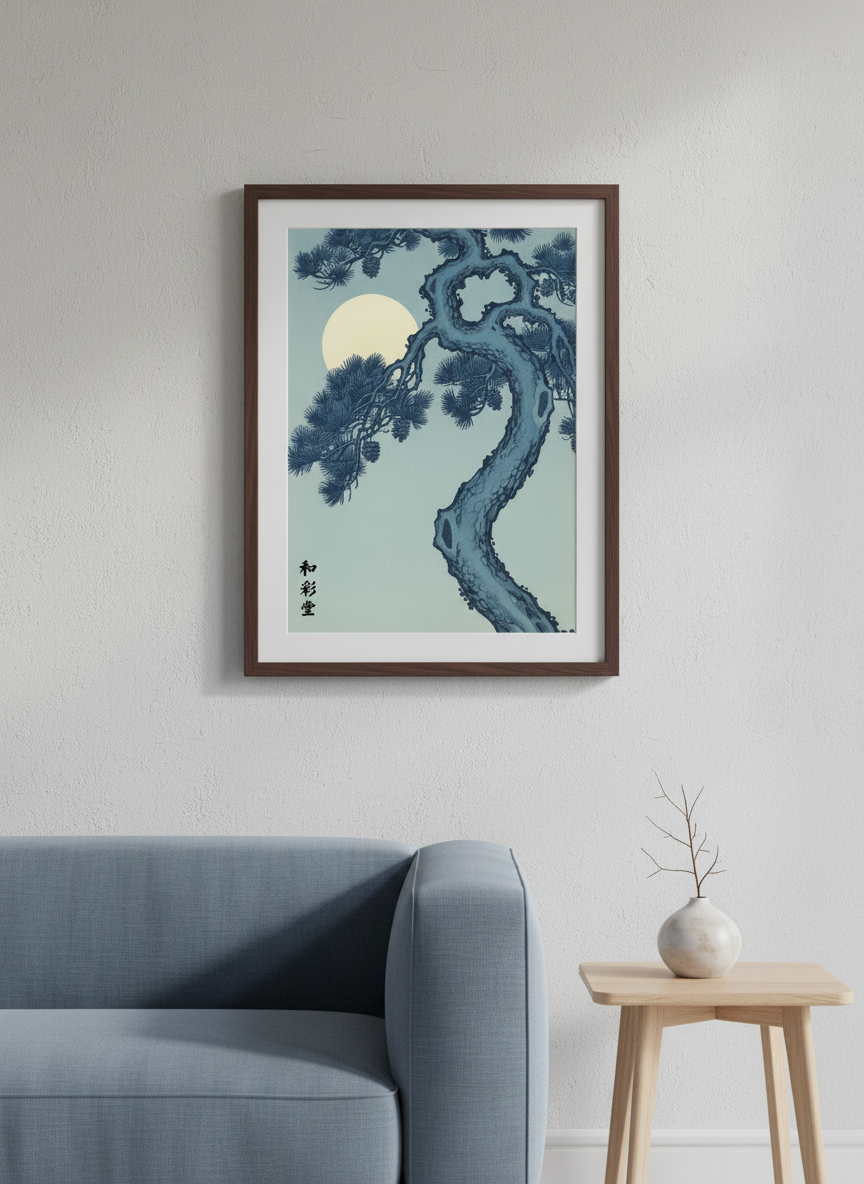 Framed artwork of a tree and moon on a wall above a sofa.